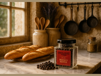 Elegant French kitchen with whiskey pepper display