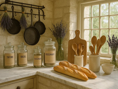 Elegant French kitchen with bread, herb jars, wooden utensils, and lavender decor