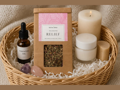 Spa gift basket with herbal tea blend, essential oil, candle, cream, and crystals