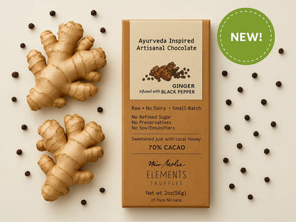 Elements Truffles ginger with black pepper chocolate bar, fresh ginger, and peppercorns