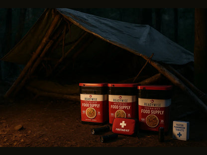 Wilderness emergency preparedness kit with food supply, first aid, water tablets, and flashlights by a tarp shelter.