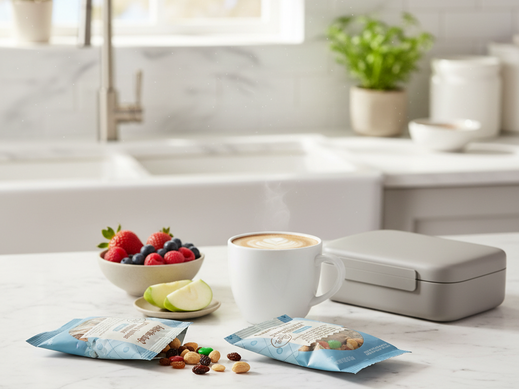 Enhanced trail mix packets in modern kitchen setting