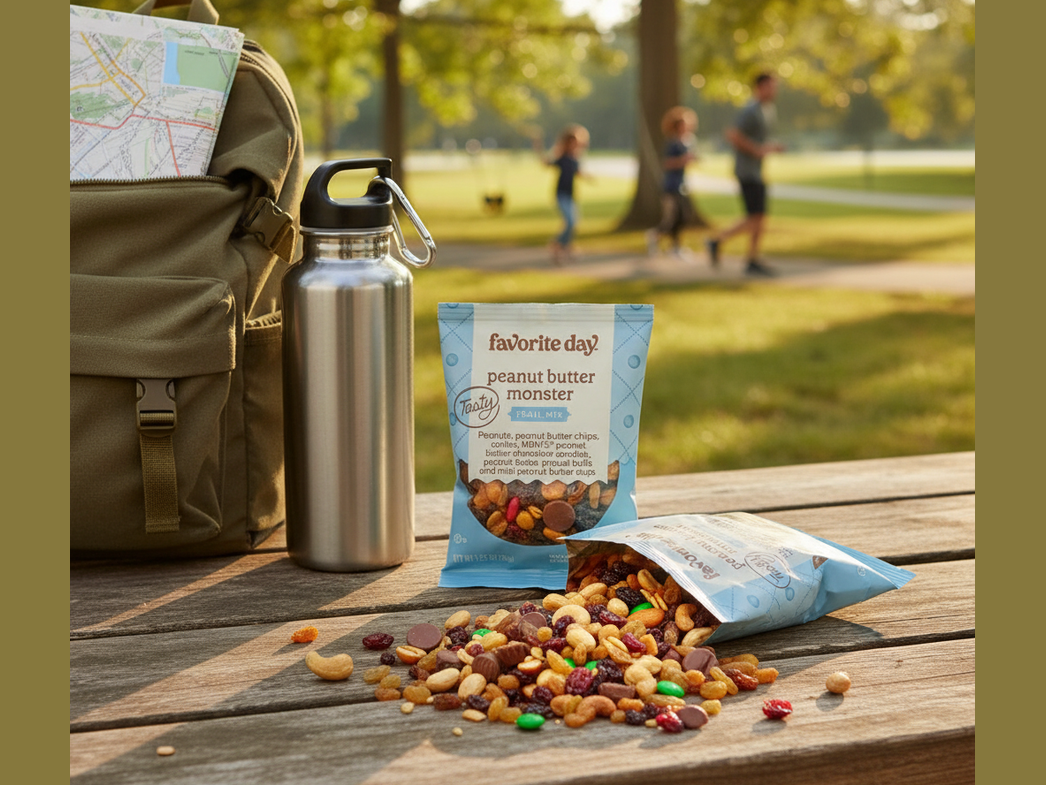 Enhanced trail mix packets in outdoor adventure setting