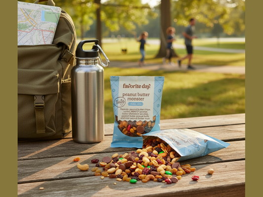 Enhanced trail mix packets in outdoor adventure setting