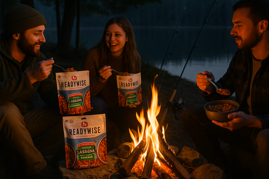 Evening campfire scene with ReadyWise meals being shared among camping friends