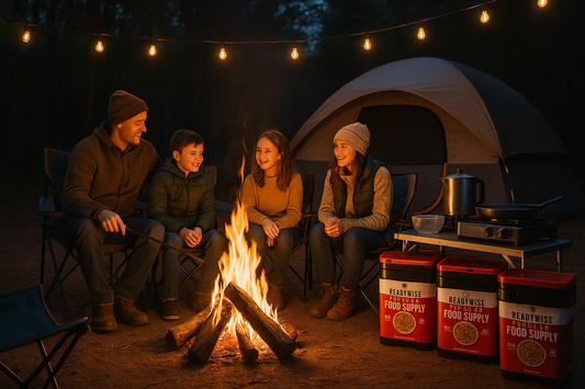 Family camping around campfire