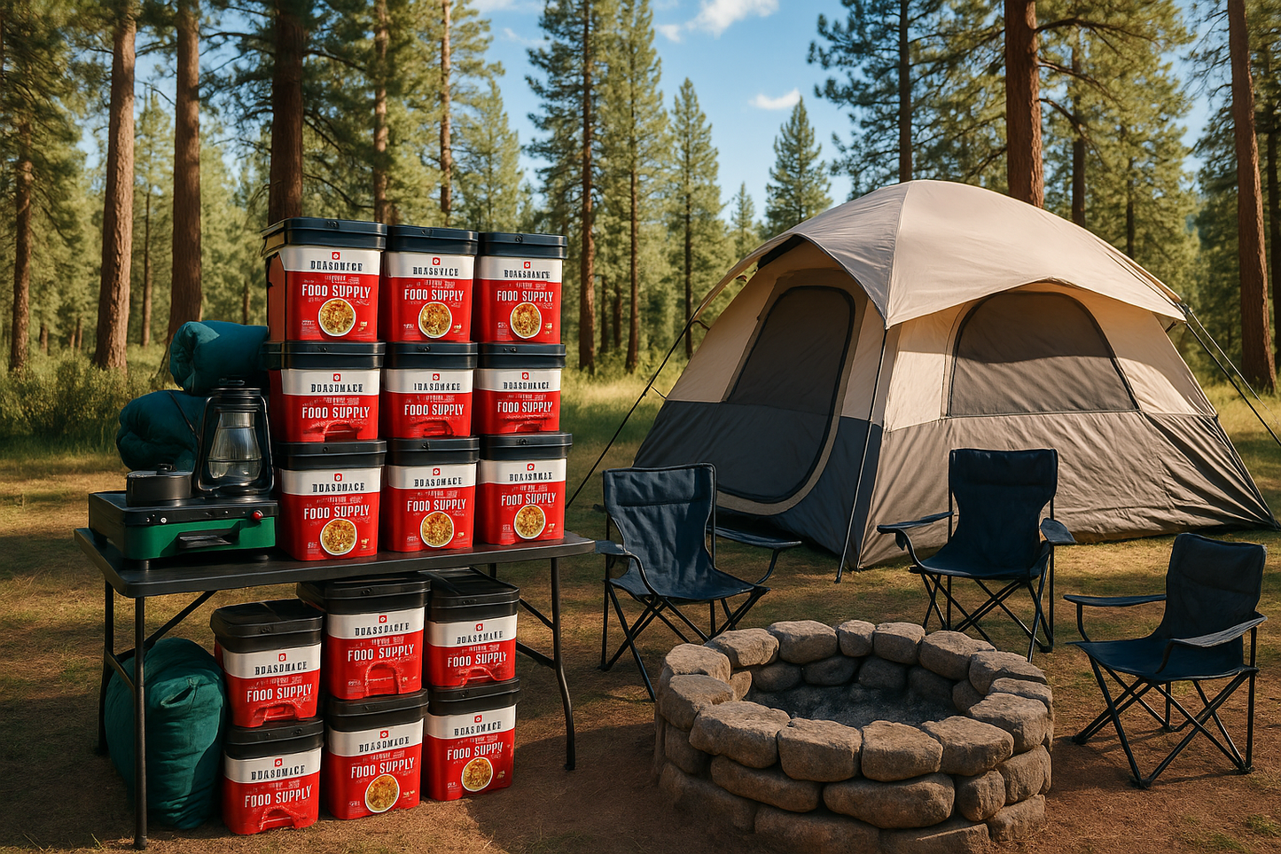 Family camping setup with ReadyWise emergency food supply