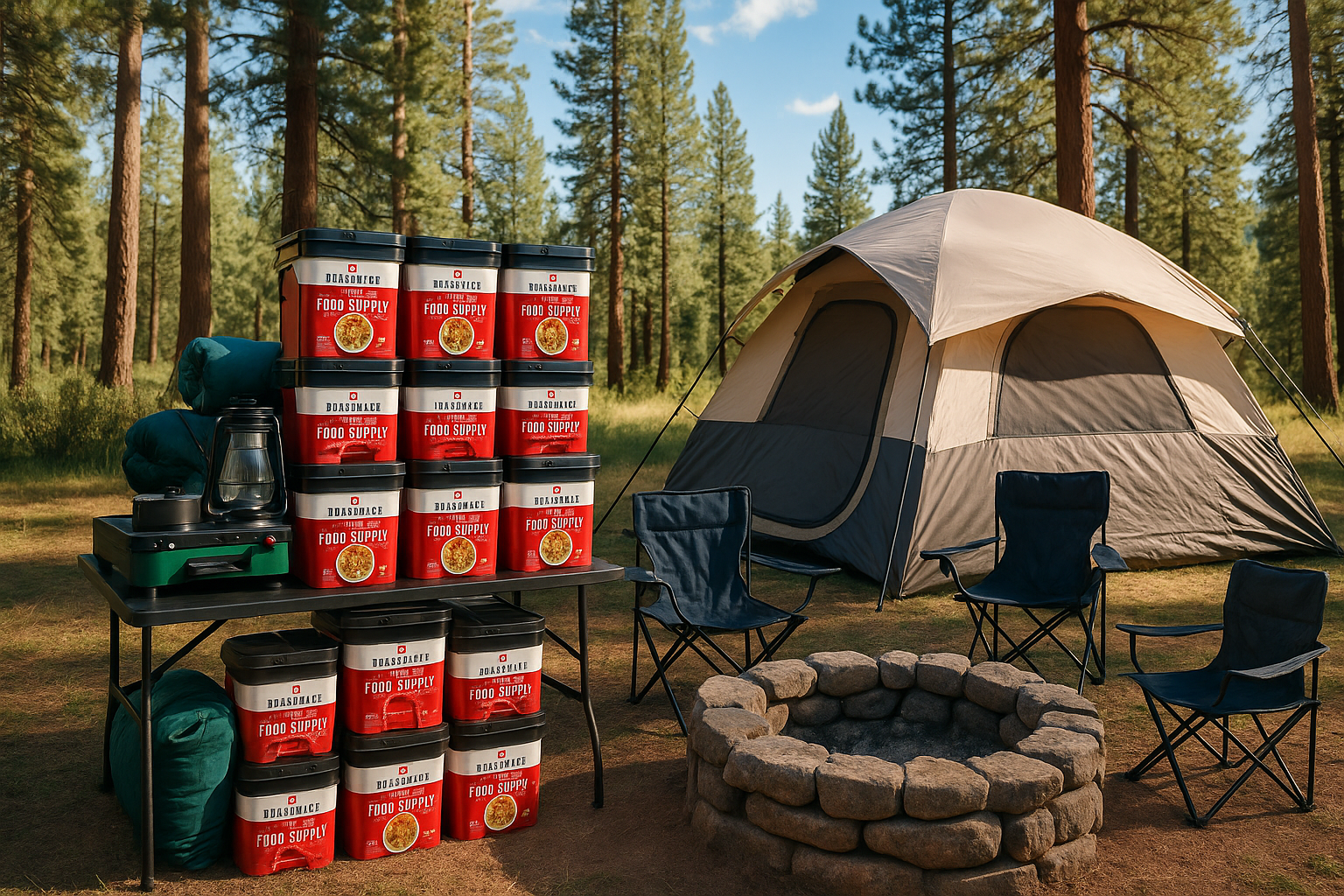 Family camping setup with ReadyWise emergency food supply