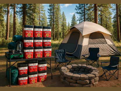 Family camping scene with ReadyWise emergency food supply, tent, camp chairs, and fire pit outdoors