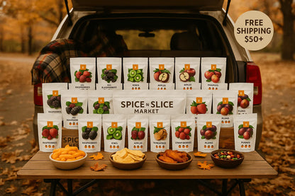 Smoothie Maker 15-Pack (15 Small Pouches) displayed on a table with assorted fruit blends and snacks.