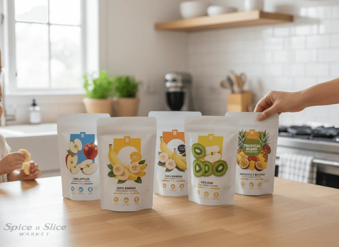 Family Fruit 24-Pack (24 Small Pouches) featuring freeze-dried fruit pouches in a modern kitchen setting.