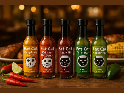 Fat Cat hot sauces lineup with colorful bottles, peppers, lime, and grilled food in background