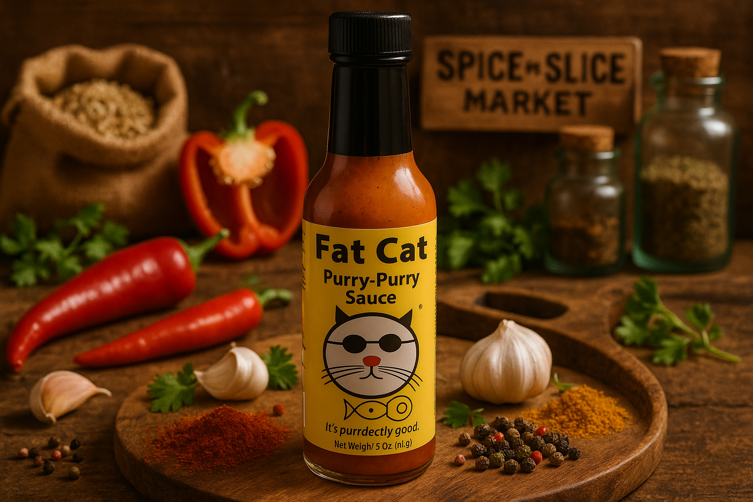 Fat Cat Purry-Purry Sauce in market setting