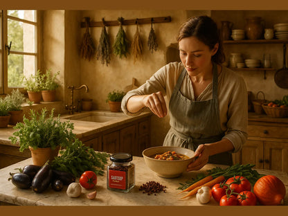 Female chef seasoning soup with Andaliman in rustic kitchen, fresh vegetables and herbs on counter