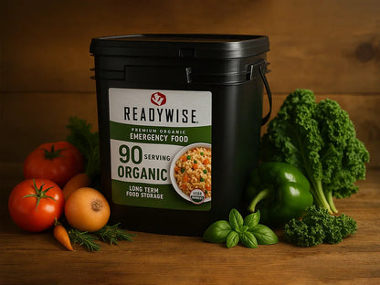 ReadyWise black container of organic emergency food with fresh tomatoes, onion, carrots, green bell pepper, kale, and basil on wooden surface