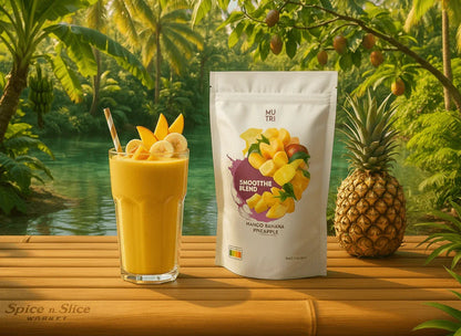 Smoothie Maker 15-Pack (15 Small Pouches) featuring a vibrant mango banana pineapple smoothie in a tropical setting.