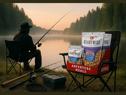 Man fishing at a lakeside at sunset with ReadyWise Adventure Meals on a chair