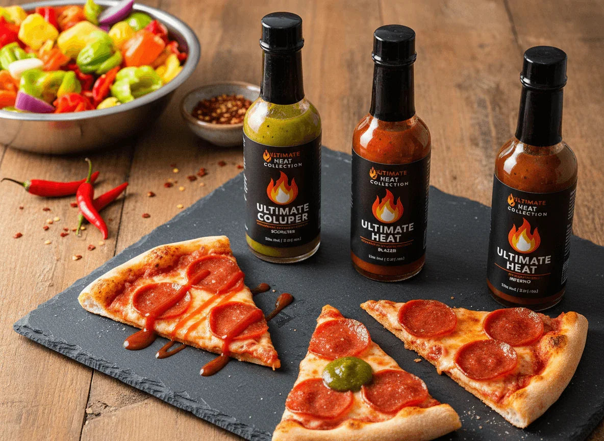 ALT A - Ultimate Heat Collection (5 Bottles) displayed with pizza and a bowl of colorful peppers.