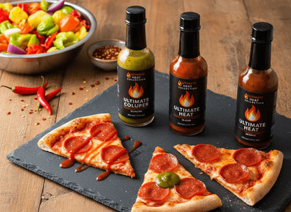 ALT A - Ultimate Heat Collection (5 Bottles) displayed with pizza and a bowl of colorful peppers.