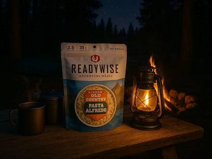 ReadyWise pasta alfredo meal on picnic table with lantern and mugs, campfire in forest at dusk