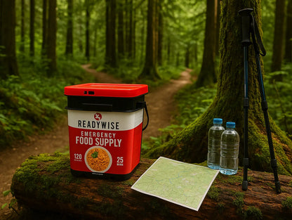 Emergency food supply kit, map, water bottles, and trekking poles on a forest hiking trail