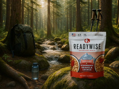 ReadyWise Strawberry Granola Crunch breakfast on forest trail with backpack and creek