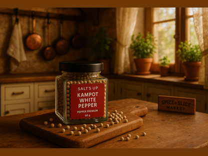 Kampot white pepper jar on wooden cutting board in rustic French farmhouse kitchen scene