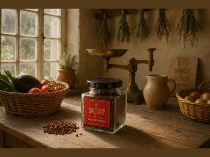 French farmhouse kitchen with spices, vegetables, scale, and rustic decor on wooden table