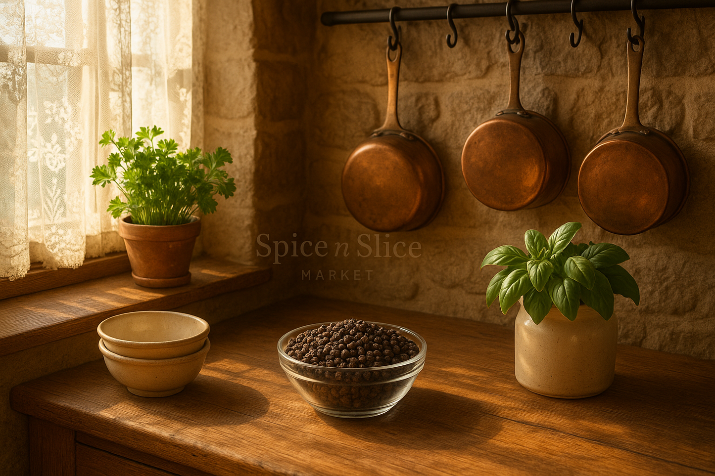 French farmhouse kitchen with black peppercorns