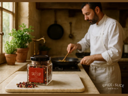Chef cooking in rustic French farmhouse kitchen with herbs and jar of peppercorns on counter