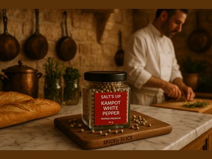 French farmhouse kitchen with chef, fresh bread, and Salt's Up Kampot white pepper jar