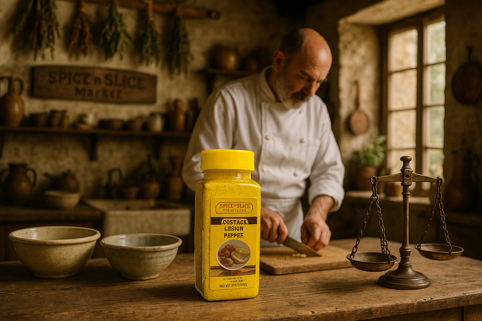 French farmhouse kitchen with chef and lemon pepper