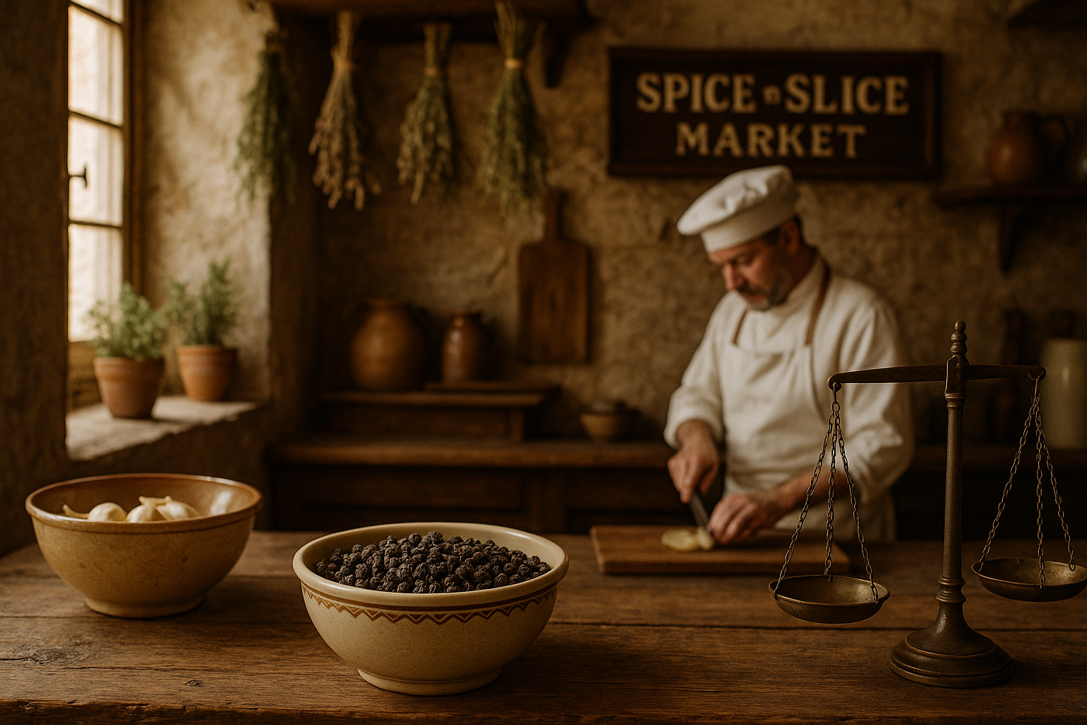 French farmhouse kitchen with chef and peppercorns