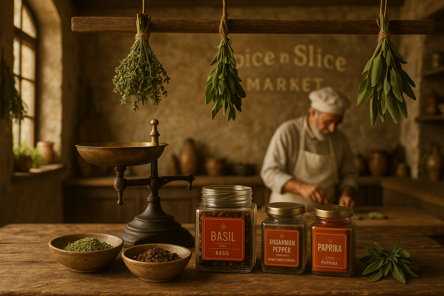 French farmhouse kitchen with chef and spices
