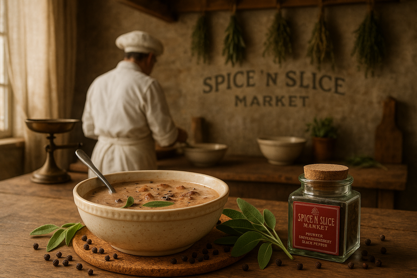 French farmhouse kitchen with chef and spices