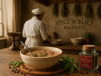 French farmhouse kitchen with chef, herb bundles, creamy soup, and spice jar on rustic table