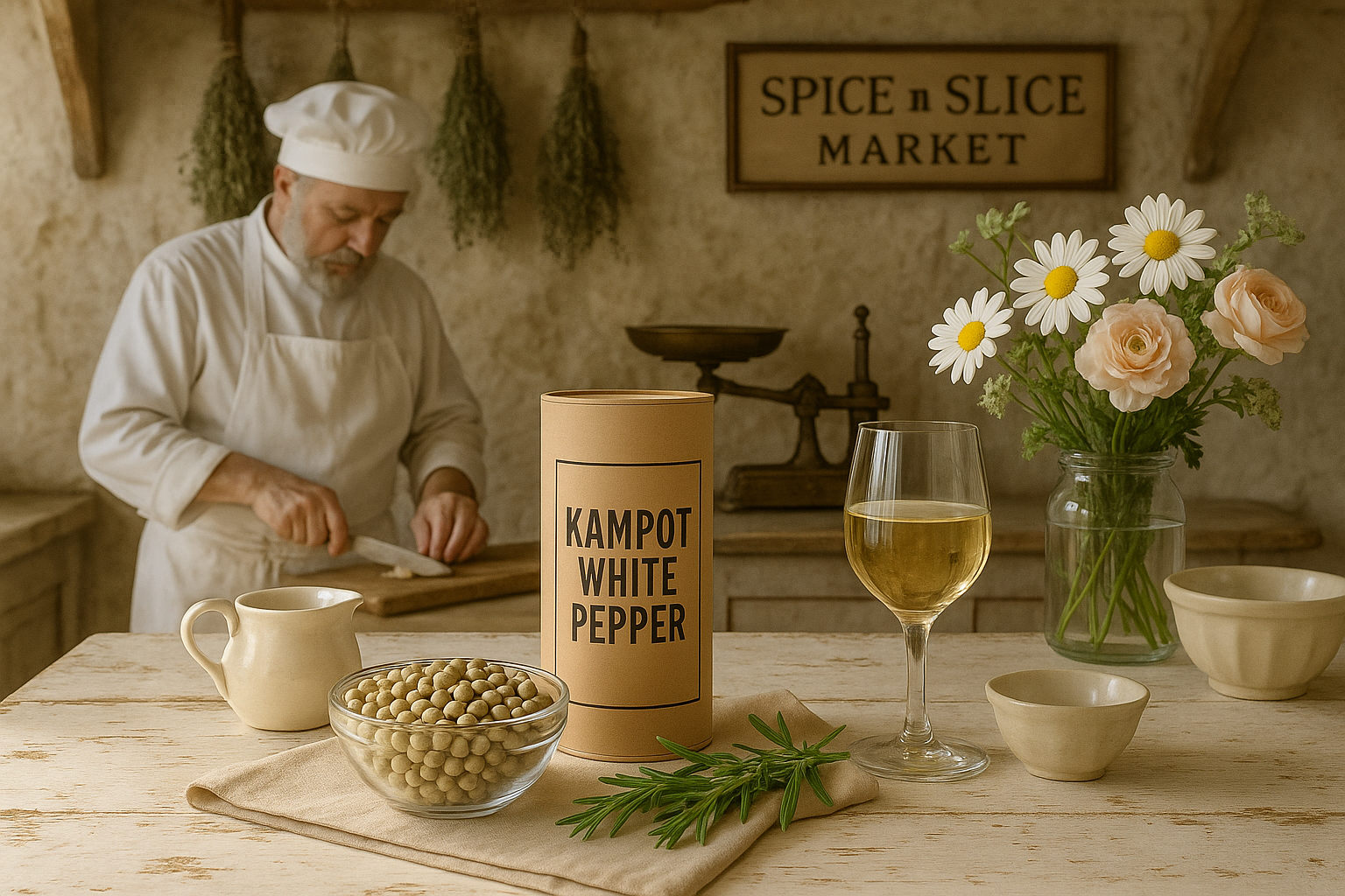 French farmhouse kitchen with chef and white pepper