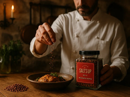 Chef seasoning dish with Melegueta pepper in rustic French farmhouse kitchen