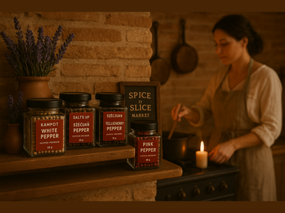 French farmhouse kitchen with female chef, spice jars, and rustic brick wall