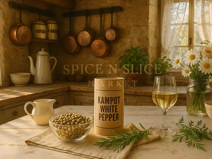 French farmhouse kitchen with Kampot white pepper, wine glass, herbs, and rustic decor
