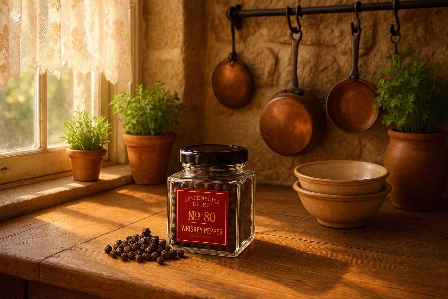 French farmhouse kitchen with whiskey pepper
