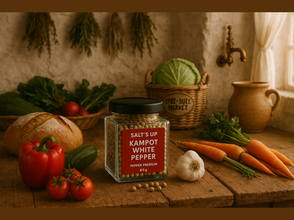 French farmhouse kitchen table with fresh vegetables, bread, and Kampot white pepper jar