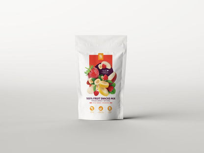 Freeze-dried fruit snacks mix pouch with strawberries, banana, apples on white background