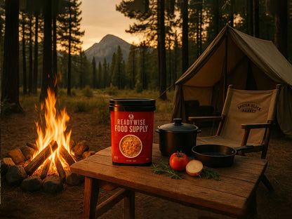 Camping scene with ReadyWise food supply, campfire, tent, cookware, tomato and onion
