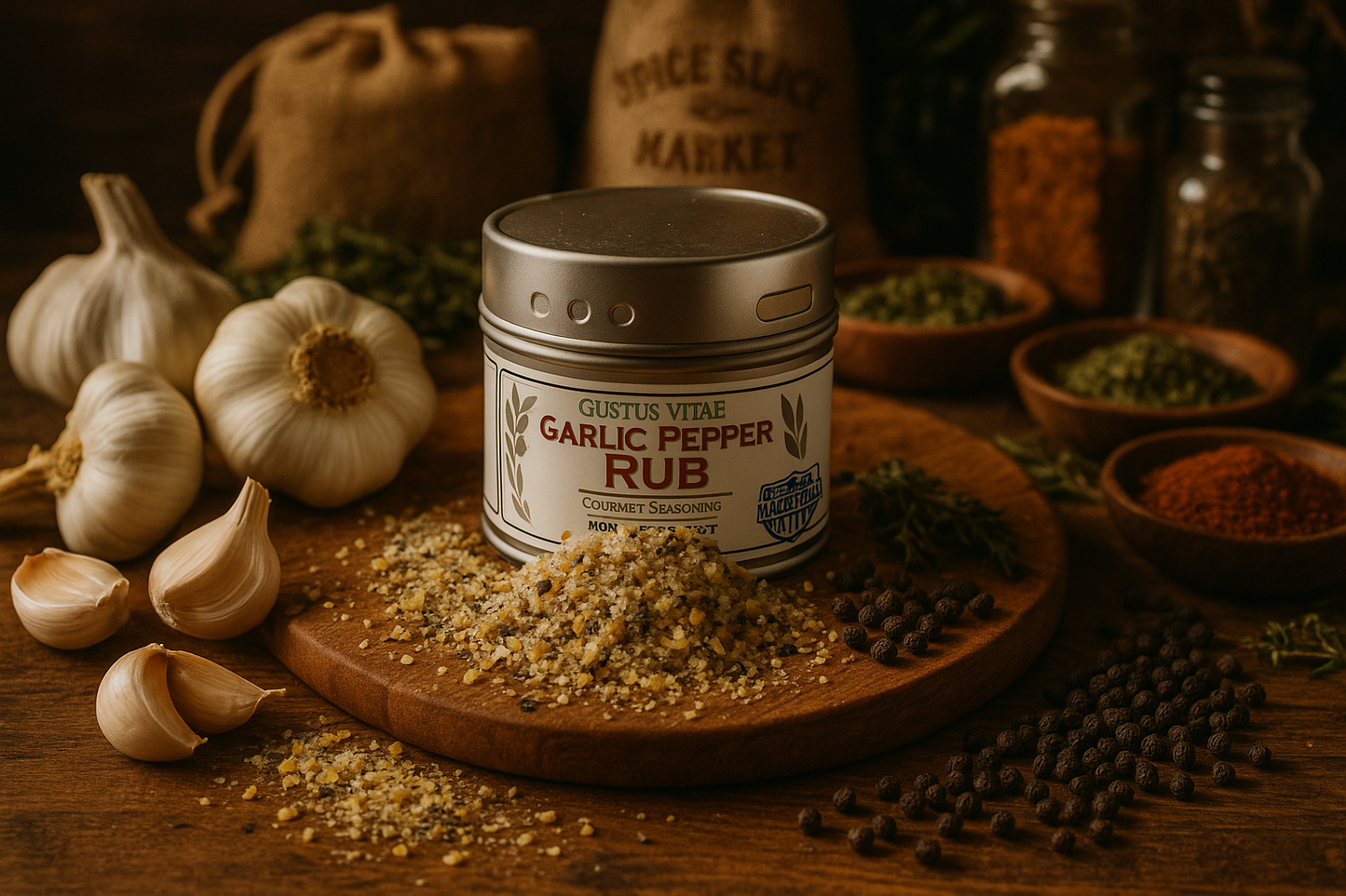 Garlic Pepper Rub in market setting