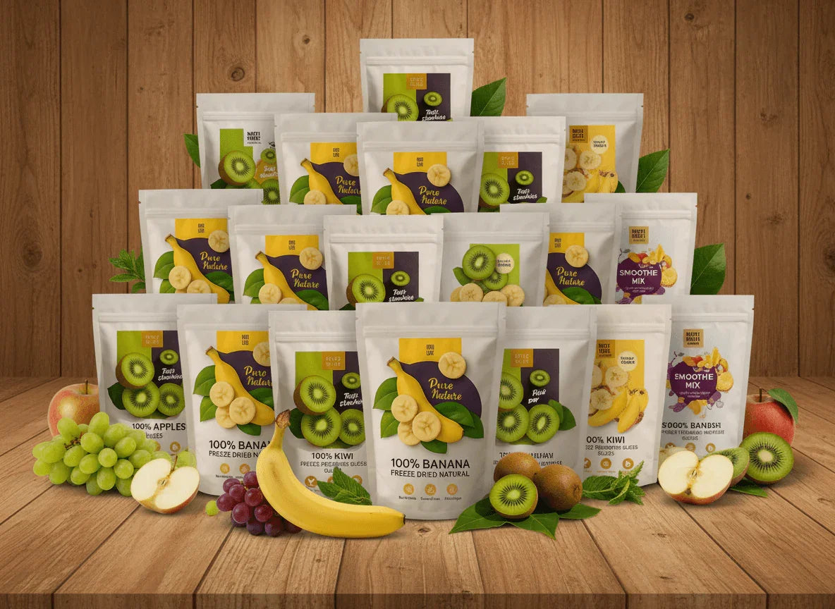 Family Fruit 24-Pack (24 Small Pouches) featuring freeze-dried fruits on a wooden background.