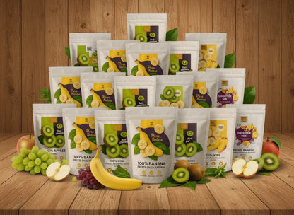 Family Fruit 24-Pack (24 Small Pouches) featuring freeze-dried fruits on a wooden background.
