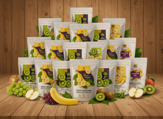 Family Fruit 24-Pack (24 Small Pouches) featuring freeze-dried fruit pouches on a wooden table.