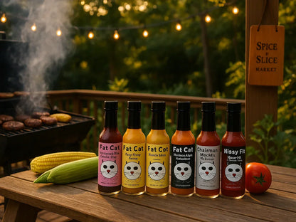 Fat Cat hot sauces on a wooden table at a backyard BBQ, with grill, corn, and tomato at sunset