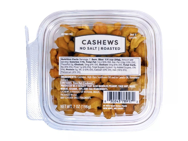 Good Sense Foods Premium Roasted No Salt Cashews 7oz - Pure Heart-Healthy Goodness